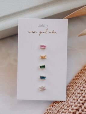 Jax Kelly stud 18k vermeil earrings 5 color baguette gemstones